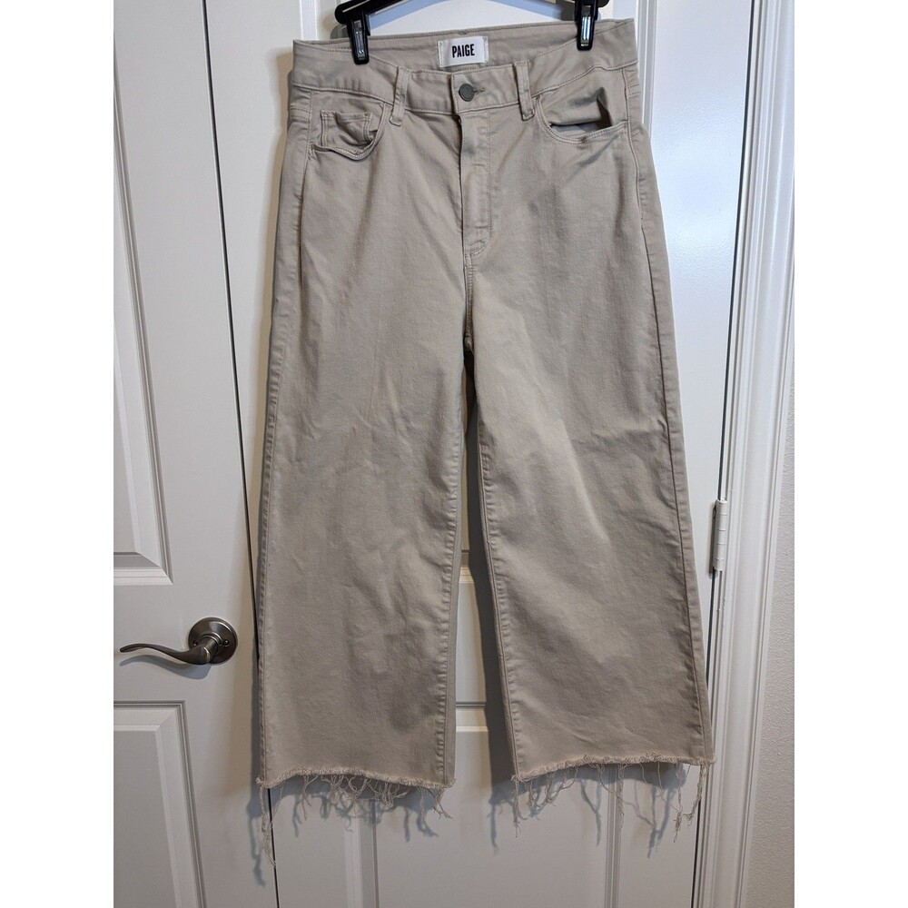 PAIGE Genesee High-Rise Crop Wide-Leg Beige Jeans Cropped Stretchy 28 Raw Hem